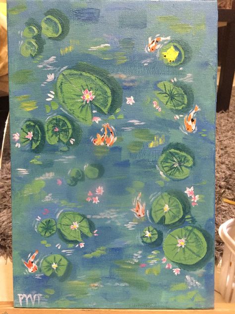 Pond :) (acrylic paint) Fish Pond Art, Pastel Tutorial, Pond Art, Little Paintings, Pond Painting, Fish Pond, Oil Pastel, Acrylic Paint, Art Mural