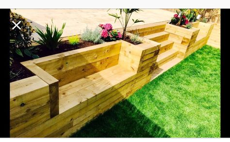 Retaining Wall Stairs, Railway Sleepers Garden, Sleeper Retaining Wall, Sleepers In Garden, Sloping Garden, Wall Stairs, Backyard Retaining Walls, Patio Paving, Garden Retaining Wall