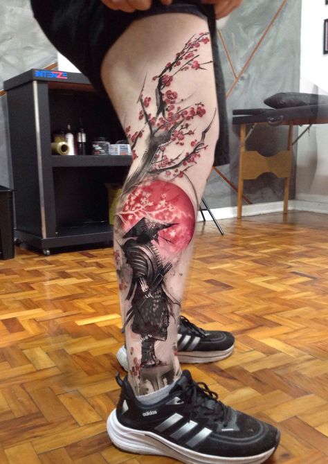 Goku With Tattoos, Oni Legs Tattoo, Trash Polka Samurai Tattoo, Samurai Tattoo Design Leg, Samurai Leg Tattoo Men, Samurai Tattoo Sleeve Men, Japan Tatoos Ideas, Asian Sleeve Tattoo Women, Japan Tattoo Leg