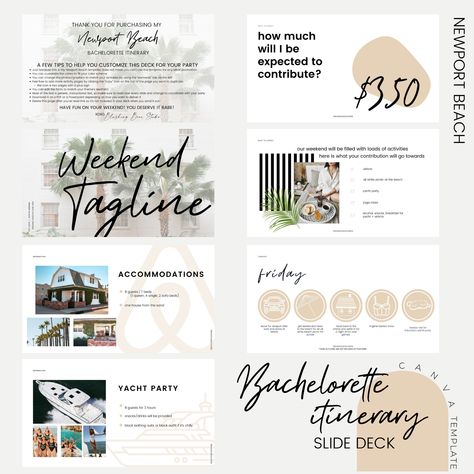 Wow your bridesmaids with this fully customizable Canva template for a bachelorette weekend agenda. This bachelorette itinerary can fit any theme or aesthetic for the weekend. You will need a Canva account to edit this template. Print as a PDF or send as a powerpoint. Bridesmaid Powerpoint, Bachelorette Powerpoint, Neutral Bachelorette, Bachelorette Proposal, Itinerary Template Free, Proposal Presentation, Bachelorette Inspo, Wedding Organizer Planner, Bachelorette Itinerary