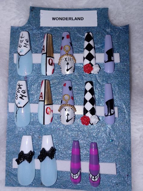 Wonderland Full Set of Press on Nails - Etsy Nail Designs Alice In Wonderland, Alice In Wonderland Inspired Nails, Alice In Wonderland Themed Nails, Mad Hatter Nails Acrylic, Alice Nails Wonderland, Beyond Wonderland Nails, Alive In Wonderland Nails, Alice In Wonderland Nails Designs, Alice In Wonderland Nails Acrylic