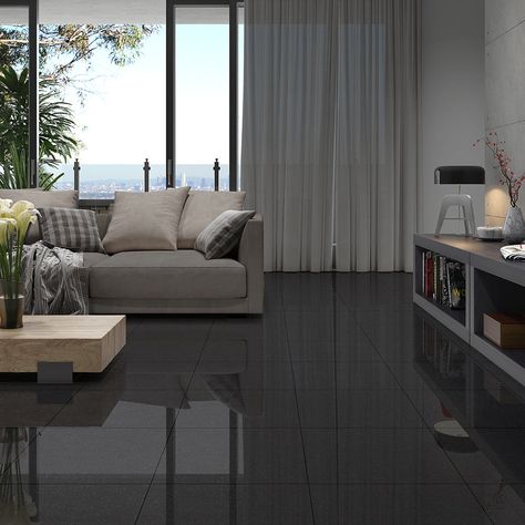 Absolute Black Granite Collection Black Tiles Bedroom, Granite Flooring Design For Living Room, Black Flooring, Bedroom Floor Tiles, Black Ceramic Tiles, Black Tile Bathrooms, Tiles Living Room, Absolute Black Granite, Black Floor Tiles