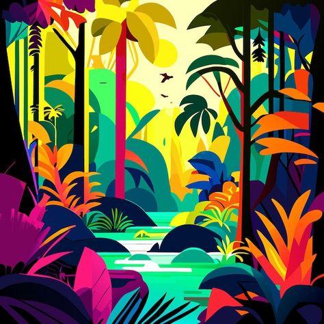 Beautiful color jungle forest vector wal... | Premium Vector #Freepik #vector #jungle #jungles #landscape-vector #tropical-background Rainforest Background Drawing, Jungle Trees Illustration, Rain Forest Illustration, Jungle Illustration Background, Jungle Vector Illustration, Tropical Forest Illustration, Paradise Poster, Forest Vector, Landscape Vector