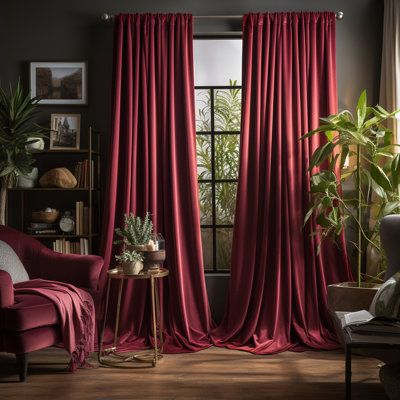 The Velvet Window Curtains feel smooth and beautiful, which creates a warm elegant feeling to rooms. Keep your private place with these thermal and insulated blackout curtains. Block stray or unwanted light, and keep noise. Curtain Color: Red, Size per Panel: 52" W x 108" L | Everly Quinn Lauier Velvet Room Darkening Curtain Pair 108.0 H x 52.0 W in Polyester / Velvet in Red | 52" W x 108" L | Wayfair | Home Decor Bedroom With Velvet Curtains, Dark Pink Curtains Bedroom, Dark Walls Curtains, Burgundy Curtains Bedroom, Dark Living Room Curtains, Modern Victorian Curtains, Red Velvet Curtains Bedroom, Christmas Window Treatments, Burgundy Curtains Living Room