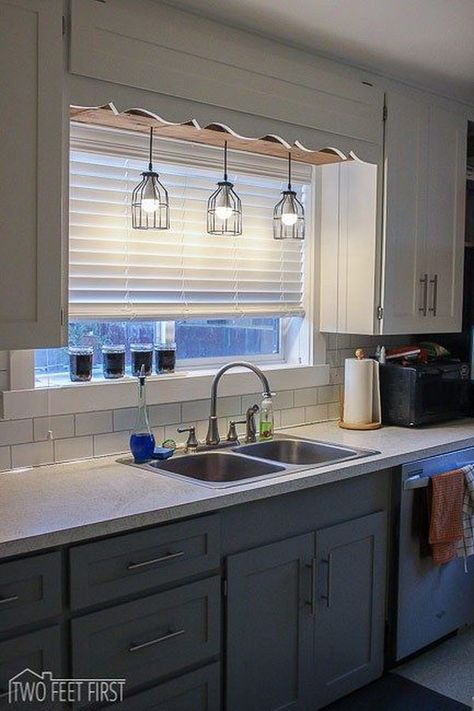 DIY Pendant Cage Light with a Wooden Box Above the Sink. Lighting Over Sink, Sink Remodel, Sink Window, Kitchen Sink Lighting, Best Kitchen Lighting, Kitchen Lighting Design, Over Sink, Kitchen Lighting Fixtures, Kitchen Remodeling Projects