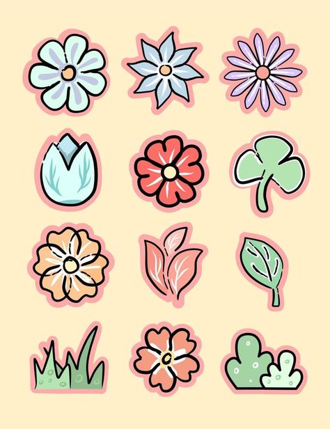 Cute Printable Stickers Flowers, Cute Flower Stickers, Design For Scrapbook, Spring Motivation, Orange Core, Spring Stickers, Homemade Stickers, Vector Art Design, Leaf Illustration