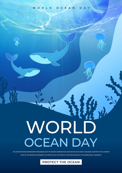 Ocean Day Poster, World Ocean Day, Sea Aquarium, Day Template, World Earth Day, Mothers Day Poster, Deep Sea Diving, Water Background, Social Templates