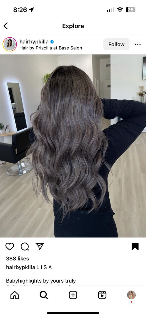 Grey Tone Balayage, Mushroom Grey Hair Color Balayage, Ash Brown Full Hair Color, Silver Dark Brown Hair, Ashy Brown Black Hair, Long Ashy Brown Hair, Dark Ashy Hair Color, Smokey Ash Grey Hair Balayage, Balayage Hair Mushroom Brown