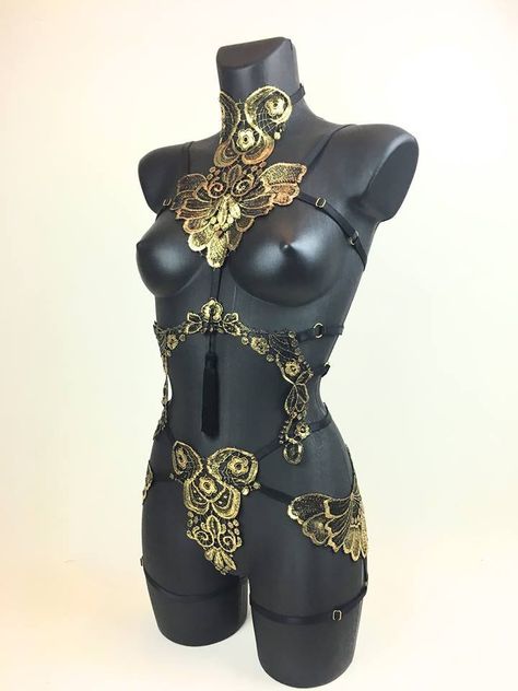 Harness Aesthetic, Gold Harness, Vampire Cosplay, Gold Lingerie, Harness Outfit, Elegant Lingerie, Harness Bra, Dnd Stuff, Lingerie Boutique