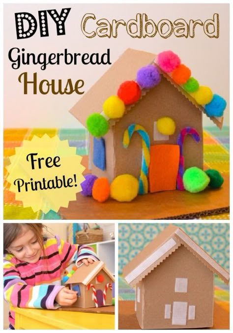 DIY Cardboard Toy Gingerbread House w/ free printable. Can be built and decorated again & again! #kids #parenting #creativePlay Cardboard Gingerbread House, Diy Cardboard Toys, Cardboard Toys, Preschool Christmas, Diy Cardboard, Noel Christmas, Christmas Crafts For Kids, Winter Crafts, Christmas Activities