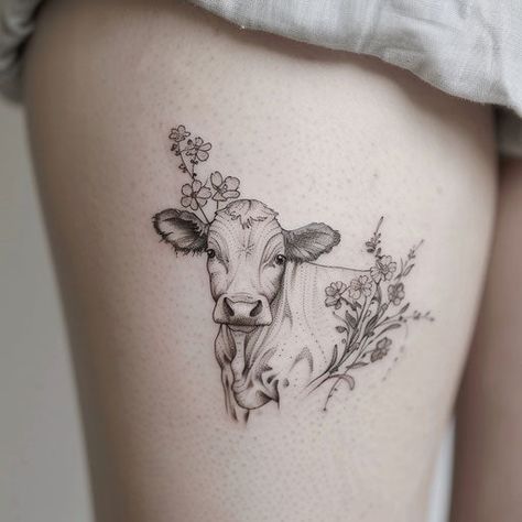 Innovative Cow Tattoo Files Cow Ear Tag Tattoo, Animal And Plant Tattoo, Animal Tattoos Patchwork, Sunflower Cow Tattoo, Cattle Tattoos For Women, Farm Tatoos, Angus Cow Tattoo, Cow And Calf Tattoo, Farm Animal Tattoos For Women