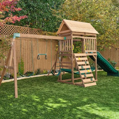 Get this KidKraft Spacious Skies 5-in-1 Outdoor Swing Set for only $798 (reg. $1,209) at Sam’s Club. You save 34% off the retail price for this backyard playset. Plus, this swing set ships free for Plus members. We could not find this backyard playset for less online. The KidKraft Spacious Skies Backyard Swing Set features […] Wooden Playset, Wooden Swing, Playset Outdoor, Wooden Swings, Monkey Bars, Backyard Playground, Rock Wall, Covered Decks, Backyard For Kids