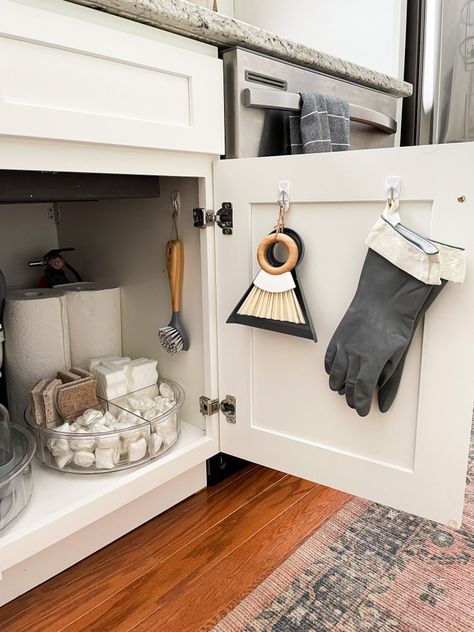 Under Kitchen Sink Organization Ideas - Love Letters Under Kitchen Counter Ideas, Guest Kitchen Ideas, Kitchen Decor Centerpieces, Lazy Susan Under Kitchen Sink, Increase Storage In Small House, Bits And Bobs Storage, Restroom Sink Organization, Dish Organization Cupboards, Dish Brush Holder Ideas