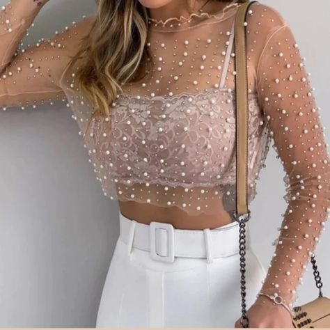 New With Tags Rhinestone Net Top Outfit, Elegant Tops Classy Formal, Bling Party Outfit, Pearl Outfit Classy, Girly Concert Outfit, Sheer Top Outfit Classy, Sheer Blouse Outfit, Pearl Outfits, Tops Transparentes