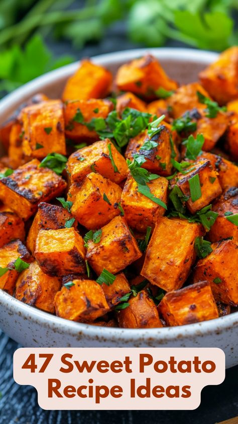 A bowl of vibrant roasted sweet potato cubes garnished with fresh herbs, ready to be served as a delicious and healthy dish. Diced Sweet Potatoes Skillet, Shrimp And Sweet Potatoes Recipes, Sweet Potato Rice Recipes, Healthy Dinner Recipes With Sweet Potato, Spicy Sweet Potato Recipes, Orange Sweet Potato Recipes, Recipes With Sweet Potatoes, Potato Recipe Ideas, Best Sweet Potato Recipes