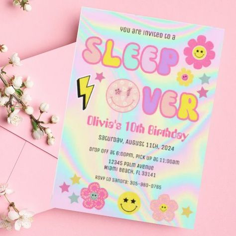 $2.92 | Preppy Pastel Pink Y2K Sleep Over Party Birthday #preppy, y2k, happy face, retro, groovy, preppy birthday invitation, slumber party, sleep over birthday invitation, girl pastel neon cute pajama, preppy sleep over party invitation Pastel Party Invitations, Preppy Birthday Invitations, Happy Face Birthday Party, Preppy Party Ideas, Preppy Party Decorations, Birthday Preppy, Preppy Birthday Party, Small Birthday Parties, Preppy Birthday