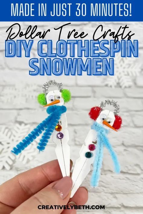 Dollar Tree Christmas DIY Clothespin Snowman Ornaments Ornament Hacks, Snowman Clothespin, Clothespin Snowman, Disney Ornaments Diy, Dollar Tree Christmas Diy, Clothes Pin Ornaments, Dollartree Diy, Tea Light Snowman, Scout Crafts