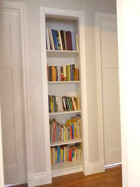 Love this idea of a built-in bookshelf in a hallway. We have so many books and not enough storage- this would be pretty easy to do! Closet Bookshelf, Home Library Diy, Closet Library, Closet Bookshelves, Hallway Closet, Closet Built Ins, Bookshelf Storage, Build A Closet, Bookshelf Design