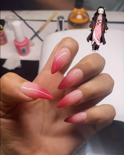 Nezuko Nails Acrylic, Nezuko Inspired Nails, Nezuko Nails, Pink Tip Nails, Anime Nails, Goth Nails, Simple Gel Nails, Soft Nails, Kawaii Nails