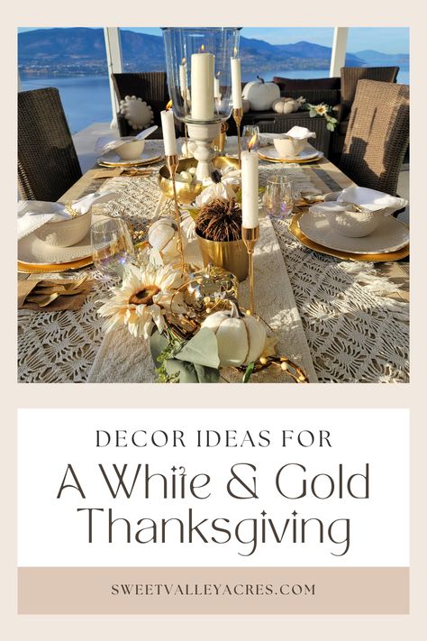 Outdoor table with white and gold Thanksgiving table decor including gold chargers, white china, gold cutlery, white sunflowers, white pumpkins and twig pumpkins Thanksgiving Gold Table Settings, Gold And White Thanksgiving Table, White And Gold Thanksgiving Table, Gold Thanksgiving Table Setting, Elegant Thanksgiving Decor, White Thanksgiving Tablescapes, Gold Thanksgiving Decor, White Thanksgiving Table, White Thanksgiving Decor