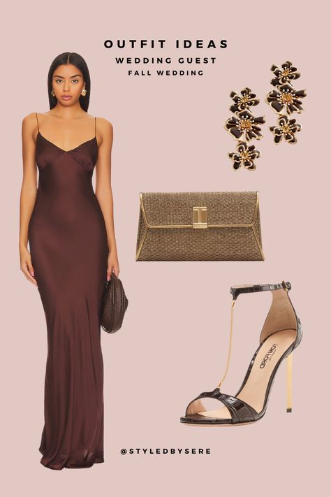 Bring on the brown at your fall weddings with a deep chocolate dress. Complimentary brown heels, dark gold/bronze clutch, and chocolate & gold earrings bring a delicious look to your wedding guest dress. Brown Dress Accessories Classy, Heels With Brown Dress, Wedding Guest Brown Dress, Chocolate Brown Wedding Guest Dress, Dark Wedding Guest Dress, Brown Dress Styling, Fall Cocktail Wedding Guest Dress, Fall Formal Wedding Guest Dress, Bronze Dress Outfit