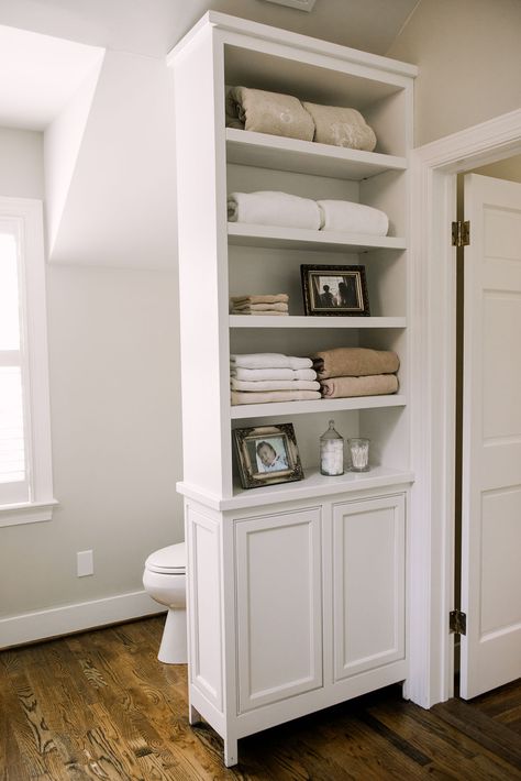 Katrina Porter Designs Bathroom Linen Cabinet With Hamper, Bathroom Storage Remodel, Cabinets Around Toilet, Shower With Storage Next To It, Built In Linen Closet Bathroom, Master Bath Storage, Green Bathroom Ideas, Bathroom Storage Tower, Decora Fashion