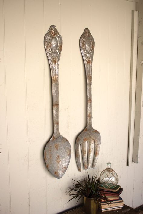 Kalalou Large Metal Fork And Spoon Wall Decor - Set Of 2 | Modishstore | Wall Decor Fork Spoon Wall Decor, Cottage Style Dining Room, Spoon Wall Decor, Rustic Chic Decor, Diy Rustic Decor, Fork And Spoon, Style Cottage, Plywood Furniture, Forks And Spoons