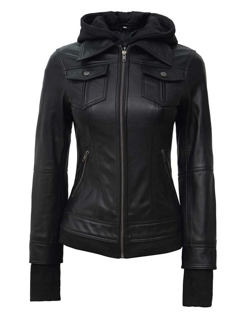 Hooded Leather Jacket, Cafe Racer Leather Jacket, Black Motorcycle Jacket, Black Leather Motorcycle Jacket, Lambskin Jacket, Leather Jacket With Hood, Confident Style, Black Motorcycle, Biker Leather