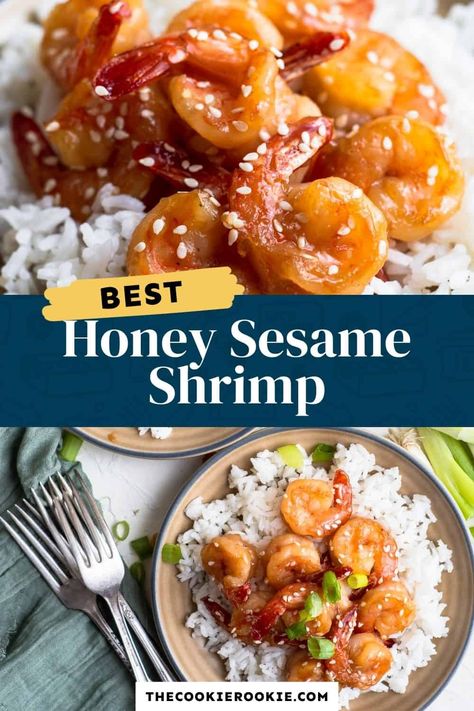 This honey sesame shrimp is made with just 5 ingredients and is ready to serve in 15 minutes! Sweet and salty, serve them over rice for a quick and easy weeknight meal. Sesame Shrimp, Honey Shrimp, Sweet Shrimp, Serve Over Rice, Lemon Shrimp, Honey Sesame, The Cookie Rookie, Shrimp Recipes Healthy, Cookie Rookie