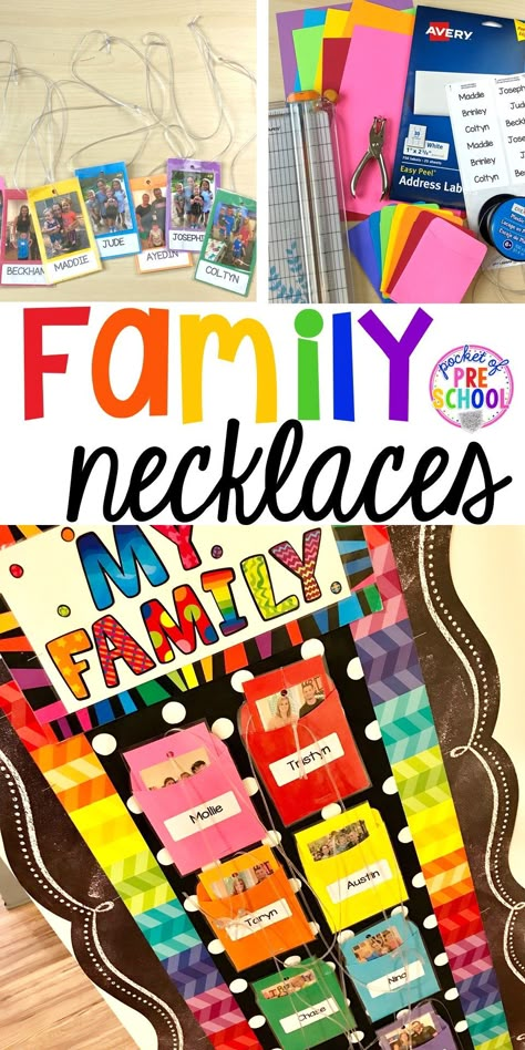 Name Tags Preschool, Prek Games, Preschool Families Activities, Preschool Name Tags, Cubby Name Tags, Preschool Cubbies, Preschool Family Theme, Displaying Family Pictures, Montessori Crafts