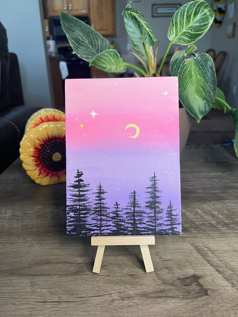 Check out this adorable hand painted picture. Featuring beautiful pink and purple skies amongst a lavish tree line. Nature Painting For Beginners, Pink Purple Sunset Painting, Unique Canvas Painting Ideas Acrylic, Pretty Painting Ideas Easy, Ombre Sky Painting, Easy Big Paintings, Panting Photo Ideas Easy, Ombre Painting Ideas, Spring Painting Easy