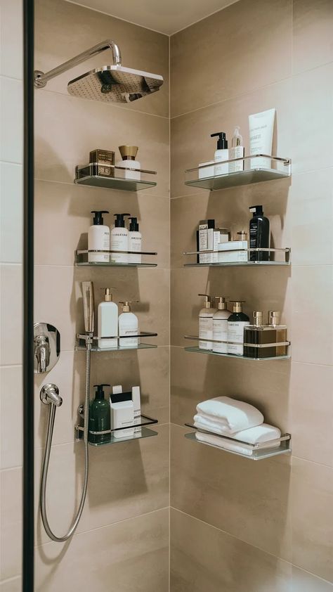 15 Clever Shower Storage Ideas – The DIY Desire Where To Hang Shower Shelves, Luxury Shower Storage, Bath Shower Shelf, Aesthetic Shower Storage, Ensuite Bathroom Storage Ideas, Unique Shower Storage, Master Shower Storage Ideas, Bathroom Shelves In Shower Area, Shared Shower Organization