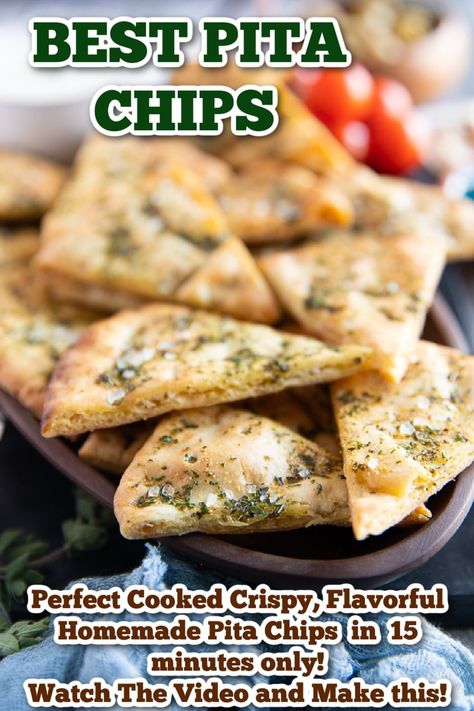 Pita Chips are so crunchy, delicious, versatile, and easy! This homemade pita chips recipe & video will be your favorite! ready in 15mins. Bread Appetizers Easy, Pita Chips Recipe, Baked Pita Chips, Homemade Pita Chips, Greek Pita, Homemade Pita, Homemade Pita Bread, Easy Mediterranean Diet Recipes, Healthy Plant Based Recipes