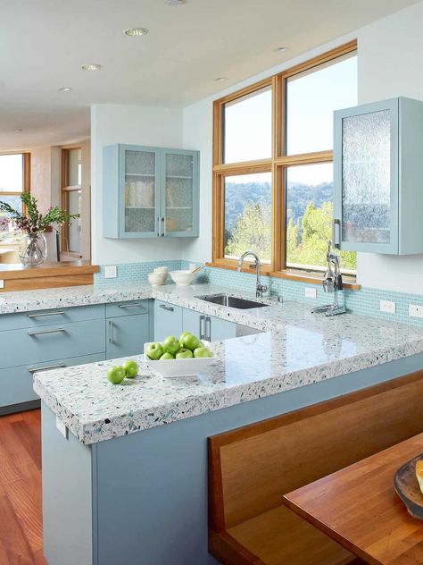 Powder Blue Kitchen Cabinets - Trendir Blue Countertops, Beach Cottage Kitchens, Terrazzo Kitchen, Timeless Kitchen Design, Coastal Kitchen Decor, Kitchen Design Styles, Colorful Kitchen Decor, Outdoor Kitchen Countertops, Kitchen Design Color