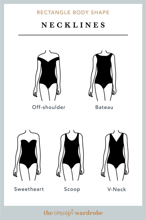 the concept wardrobe | A selection of great necklines for the rectangle body shape. Round necklines as well as low and wide necklines work best for this body shape. Body Shape Chart, Rectangle Body Shape Fashion, Personality Inspiration, Body Type Clothes, Rectangle Body Shape Outfits, Body Shape Guide, College Formal, Dress For Body Shape, Istoria Modei