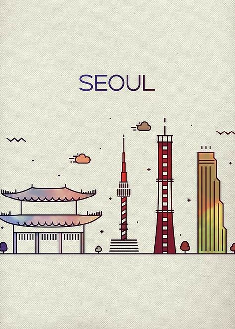 Seoul Drawing City, Korea Doodle, South Korea Drawing, Seoul Drawing, Korea Drawing, Art Of Korea, Korean Illustration, Seoul Korea Travel, Korean Flag