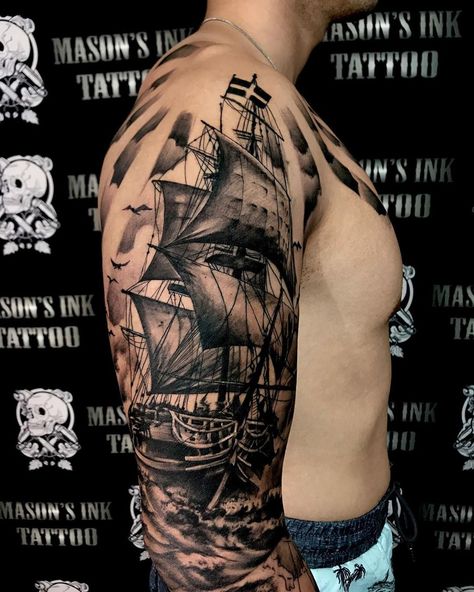 101 Amazing Ship Tattoo Ideas That Will Blow Your Mind! | Outsons | Men's Fashion Tips And Style Guide For 2020 Boat Sleeve Tattoo, Galleon Ship Tattoo, Cool Rose Tattoos For Men, Tattoo Ship Pirate, Pirates Ship Tattoo, Ship Tattoo Design Drawings, Sailor Sleeve Tattoo, Pirate Ship Tattoo Sleeve, Tattoo Ideas Nautical