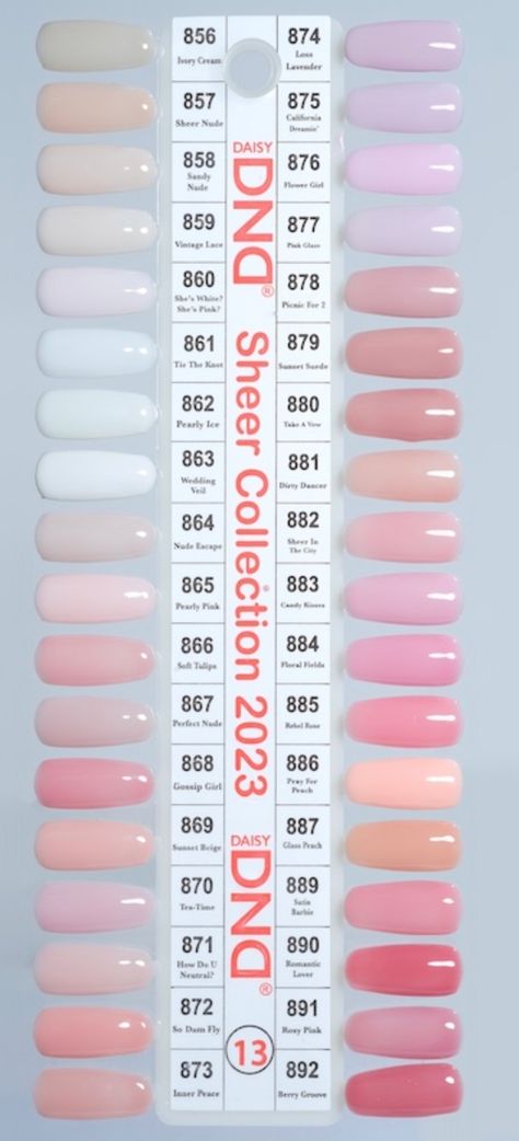 Nail Colors 2024 Gel, Sheer Dnd Gel Polish, Dnd Short N Sweet Polish, Summer Light Pink Nails, Sheer Opi Gel Colors, Dnd Powder Colors, Nail Gel Color Ideas, Dnd Gel Neutral Colors, Dnd Gel Polish Colors With Chrome