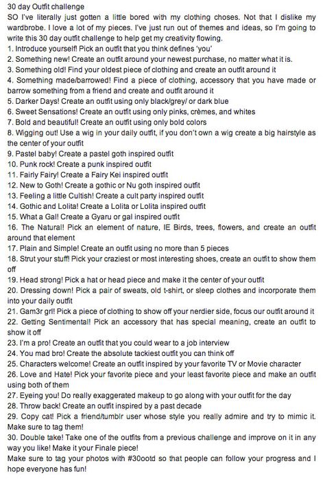 30-Day Outfit Challenge from http://heckyeahtumblrchallenges.tumblr.com/post/82169708205/30-day-outfit-challenge 30 Day Style Challenge, 30 Day Fashion Challenge, 30 Day Pride Month Challenge, 30 Days Outfits Challenge, 30 Day Outfit Challenge, Body Human, Cat Heart, Outfit Challenge, Style Challenge