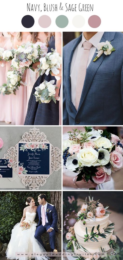 classic navy,blush pink and sage green wedding color palettes Top Wedding Colors, Sage Green Wedding Colors, Wedding Color Palettes, Best Wedding Colors, Green Wedding Colors, Sage Wedding, Dusty Rose Wedding, Sage Green Wedding, Wedding Palette