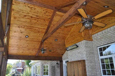 Open Gable Porch, Open Gable Front Porch, Gable Front Porch, Cozy Sunroom Decorating Ideas, Tongue And Groove Porch, Bbq Shack, Cedar Tongue And Groove, Groove Ceiling, Cozy Sunroom