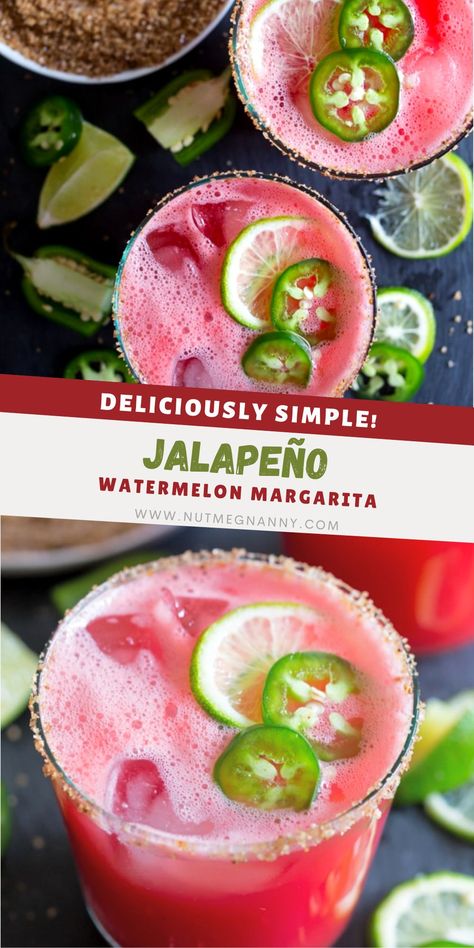 Spicy Watermelon Margarita, Watermelon Jalapeno Margarita, Watermelon Margarita Recipe, Spicy Watermelon, Watermelon Margaritas, Easy Margarita, Spicy Cocktail, Jalapeno Margarita, Orange Liqueur