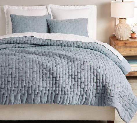 Apartment Bedroom, Linen Quilt, Quilted Sham, Quilted Coverlet, Master Bedding, Blue Bedding, Blue Quilts, Free Interior Design, Bedding Collections