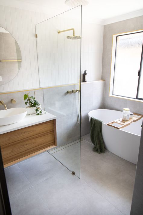 Wet Bathroom With Tub, Bath In Shower Area, Wet Room With Bath, Small Bathroom With Bath, Kit Kat Tiles, Small Wet Room, Small Bathroom With Tub, Brass Tapware, 2024 Bathroom