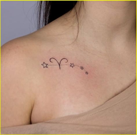 Aries Collar Bone Tattoo, Aries Zodiac Sign Tattoos, Zodiac Tattoo Aries, Zodiac Tattoos Constellation, Aries Tattoo For Women, Tattoos Constellation, Aires Tattoo, Wedding Coursage, Aries Nails