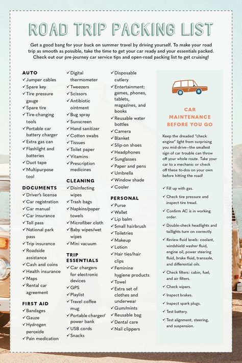 road trip packing list Family Road Trip Packing List, Summer List Ideas, Road Trip Checklist, Trip Packing List, Vacation Checklist, Road Trip Travel, Summer To Do List, Travel Life Hacks, Ultimate Road Trip