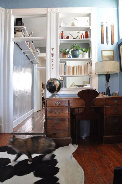 Railroad Apartment, Edward Sharpe, Cow Rug, Hallway Door, Mini Loft, Apartment Vibes, Trendy Apartment, Williamsburg Brooklyn, Desk Ideas