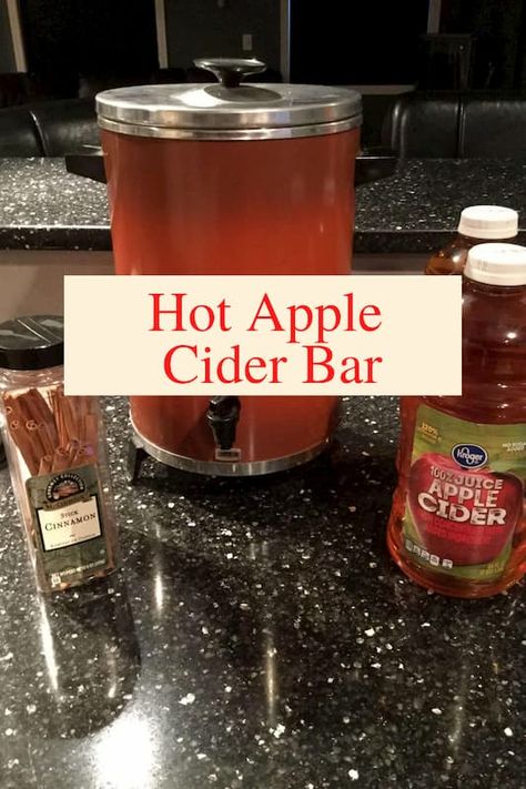 Hot Apple Cider Serving Ideas, How To Serve Hot Apple Cider At A Party, Hot Apple Cider Bar Ideas Fall, Hot Apple Cider Bar Ideas, Hot Cider Bar Ideas, Apple Cider Bar Ideas Fall, Fall Hot Chocolate Bar, Easy Hot Apple Cider, Hot Cider Bar