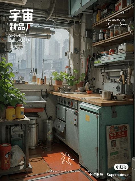 Messy Apartment, Japanese Apartment Interior, Sci Fi House, Cyberpunk House, Cluttered House, Kitchen Reference, Messy Office, Sci Fi City, Swag Art