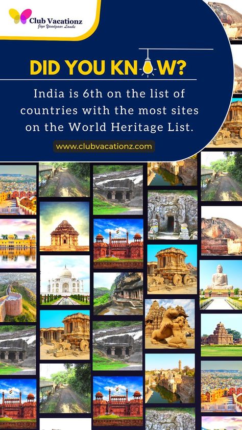 Did you know? India is 6th on the list of countries with the most sites on the World Heritage List . Follow us for interesting information & updates . Jiyo Yaadgaar Lamhe with Club Vacationz www.clubvacationz.com . . . . #didyouknow #dyk #interestingfacts #heritagesite #india #rank #unesco #elloracaves #redfort #jalmahal #mahabodhi #cvz #clubvacationz #holiday #vacation #explore #facts Red Fort, List Of Countries, Interesting Information, Countries Of The World, Unesco World Heritage, Heritage Site, World Heritage Sites, World Heritage, Travel Tips